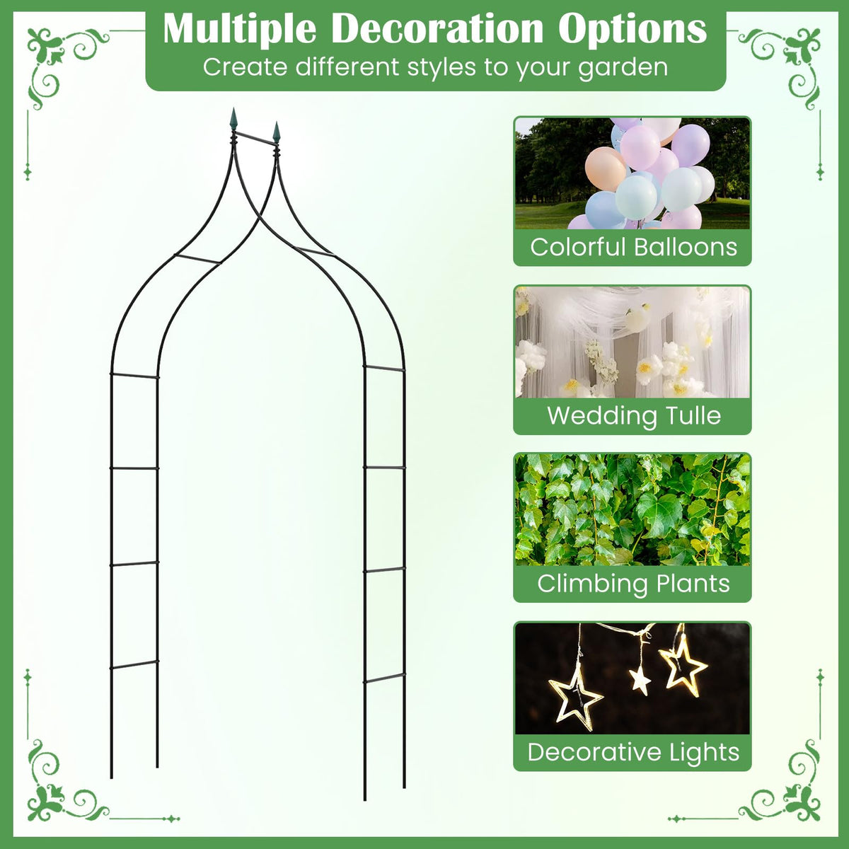287cm Gothic Style Decorative Metal Garden Arch for Vine Rose Climbing