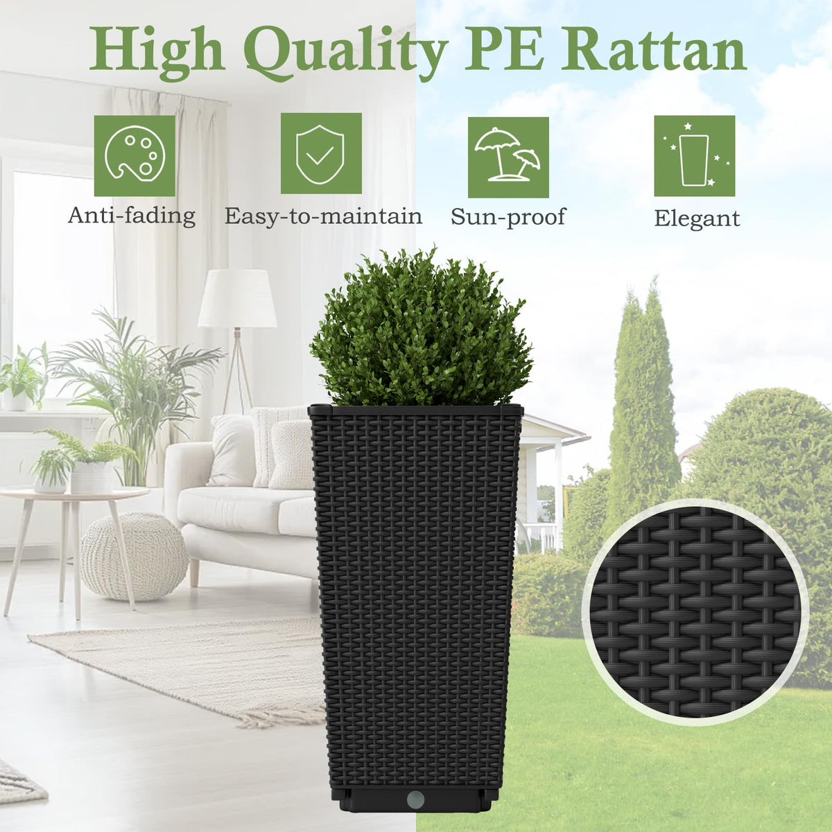 Tall Wicker Planter Box Set of 2 with Water Storage Plate
