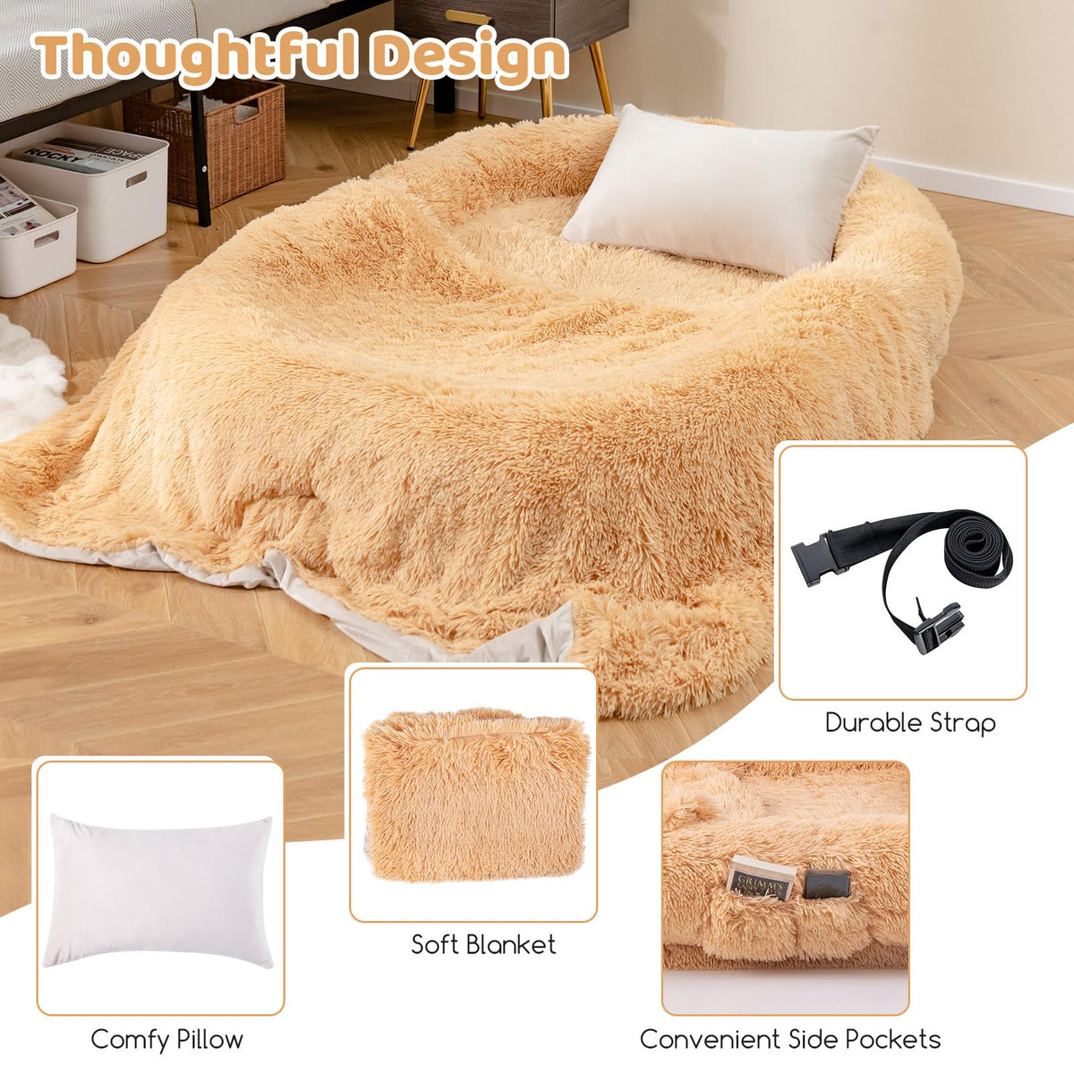 Human Dog Bed, Washable Fluffy Faux Fur Nap Bed Fits Pets & People Adults Doze Off