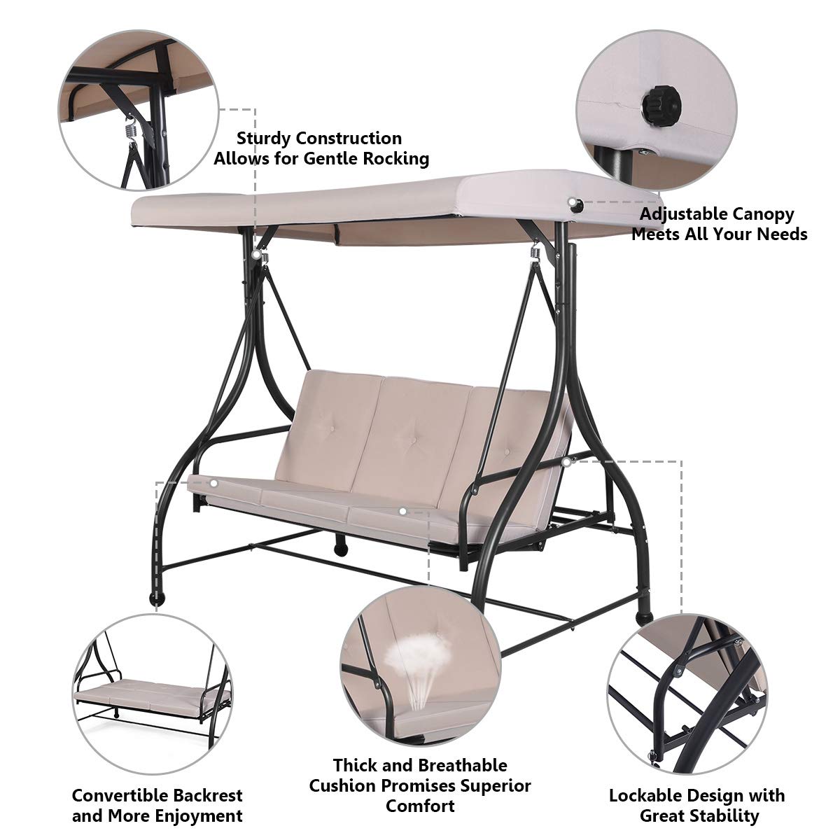 3-Person Convertible Canopy Swing with 3 Comfortable Cushion Seats for Garden & Balcony