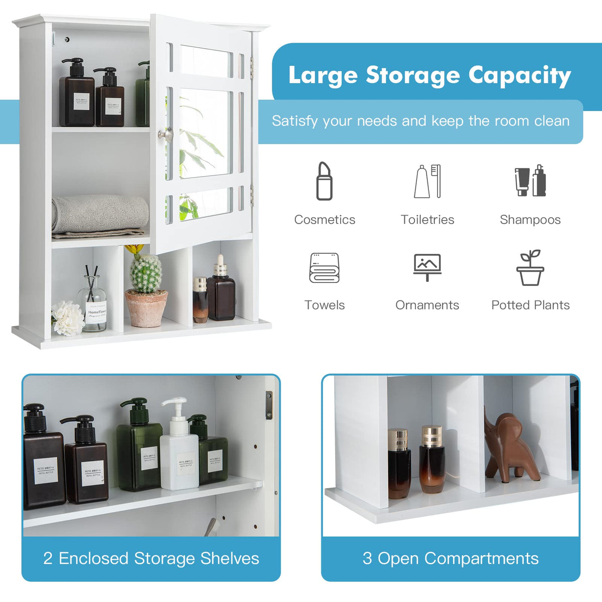 Wall-mounted Bathroom Cabinet with Adjustable Shelf and Open Compartments