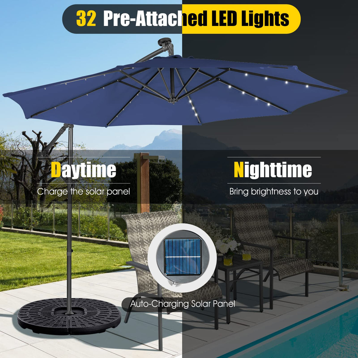 3M Cantilever Umbrella, w/ 32 Solar-Powered LED Lights