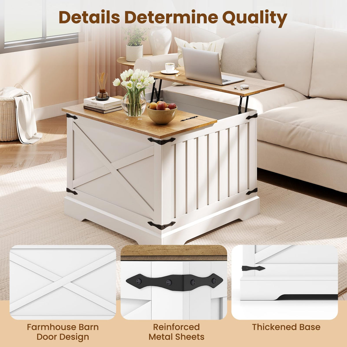 Farmhouse Lift Top Coffee Table, 80cm Square Center Table