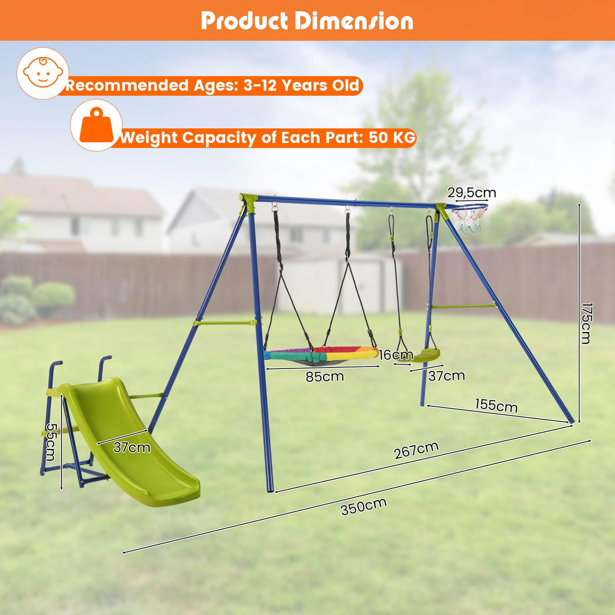 4-in-1 Swing Set Metal Playset with Slide Basketball Hoop