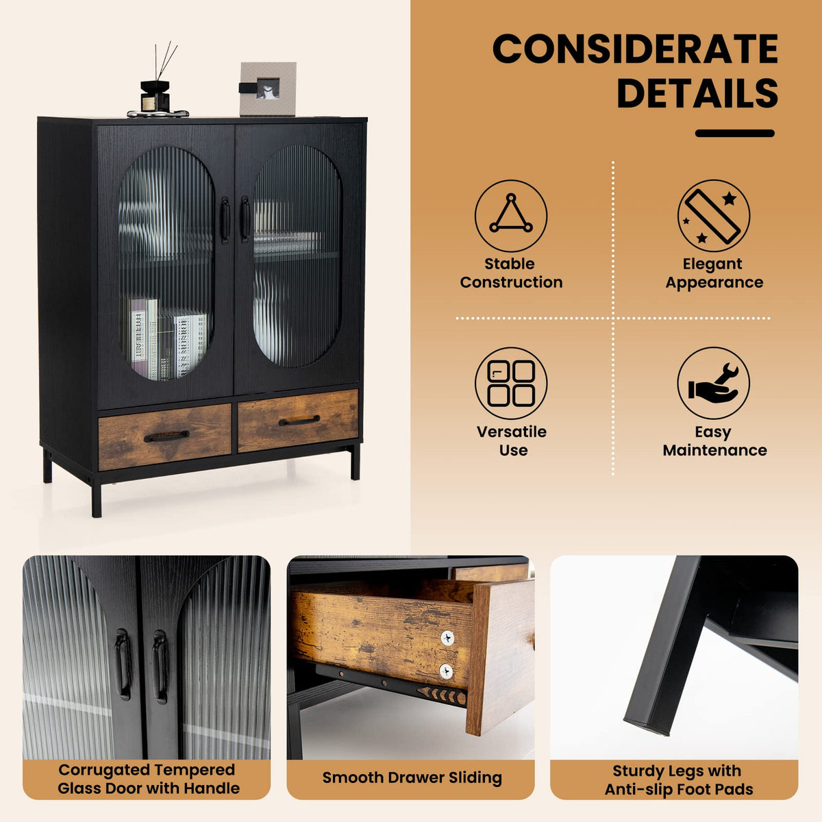 Industrial Buffet Sideboard, Floor Coffee Bar Cabinet w/Tempered Glass Doors & 2 Pull-Out Drawers