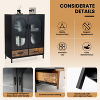 Industrial Buffet Sideboard, Floor Coffee Bar Cabinet w/Tempered Glass Doors & 2 Pull-Out Drawers