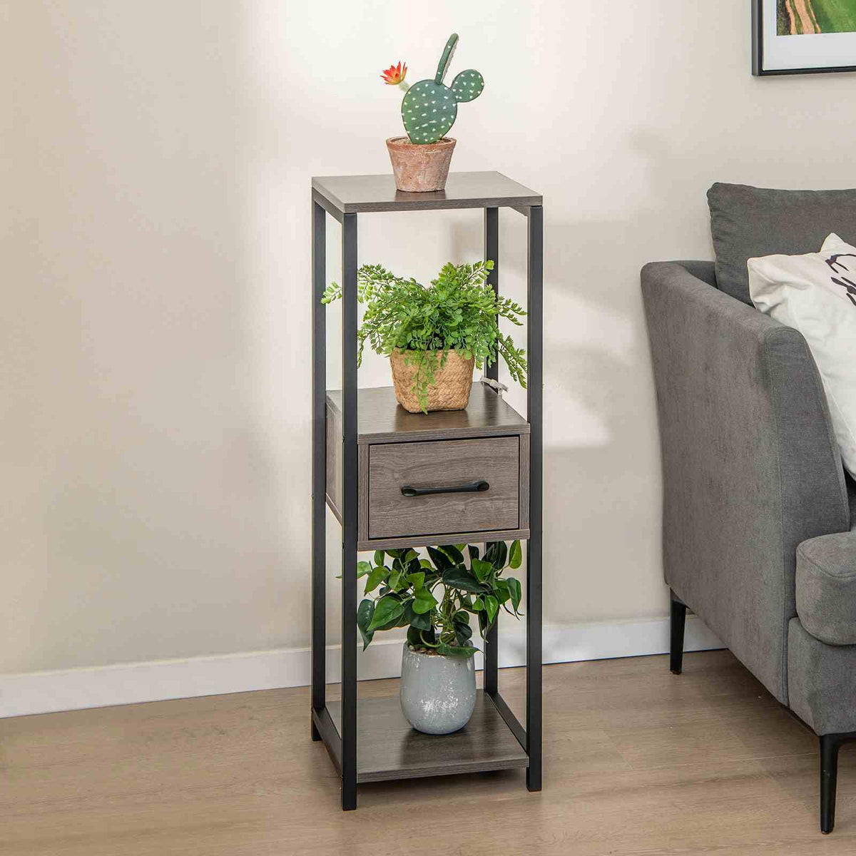 2 Pack 3 Tier Tall Metal Plant Stand with Drawer