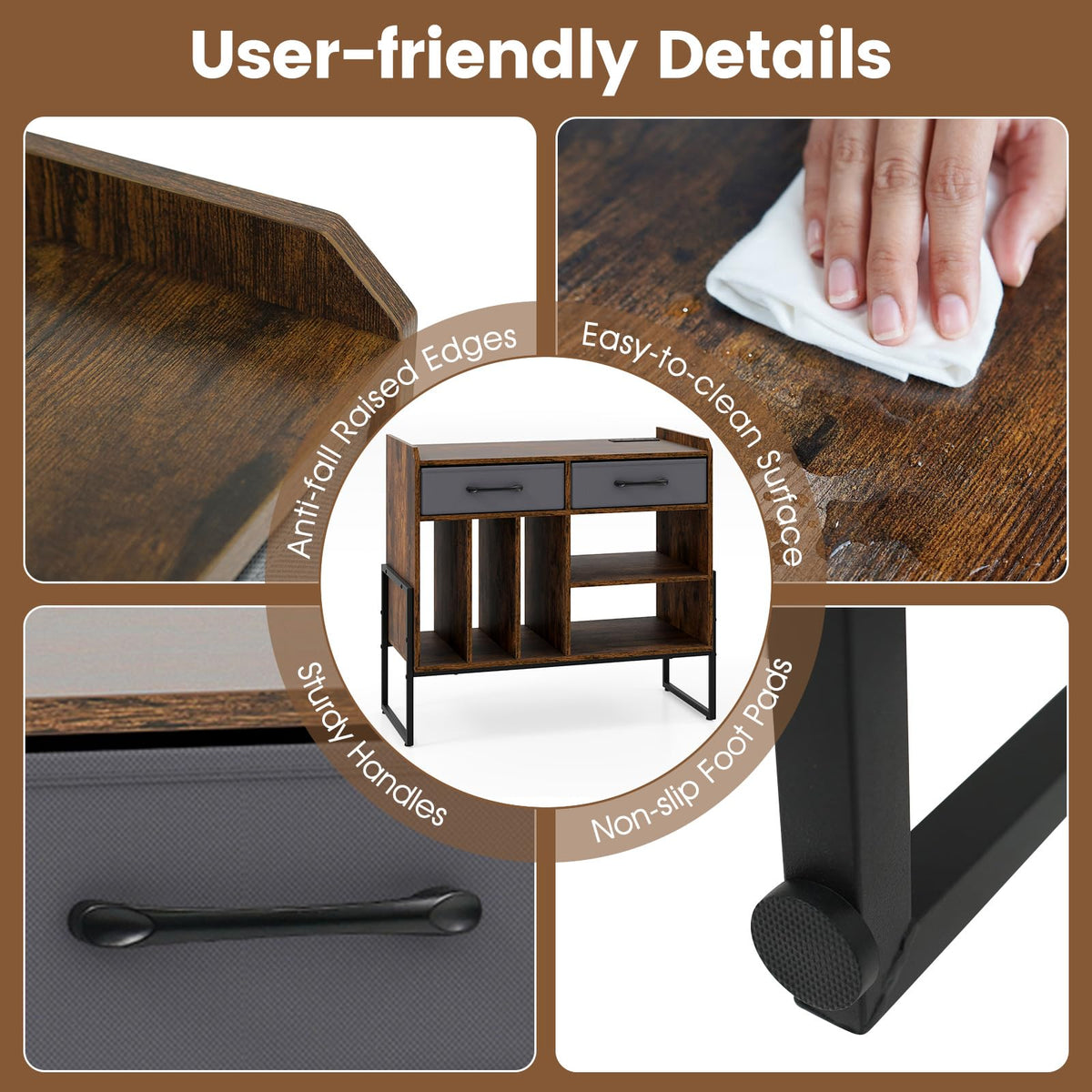 Large Record Player Stand with 2 Fabric Drawers and Adjustable Shelf for Living Room and Office