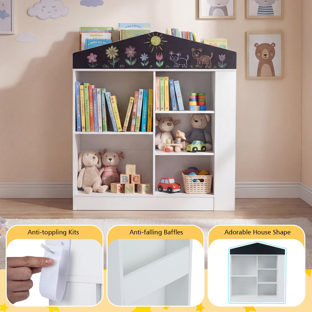 Kids Toy Storage Box House Shaped with Compartments and Chalkboard