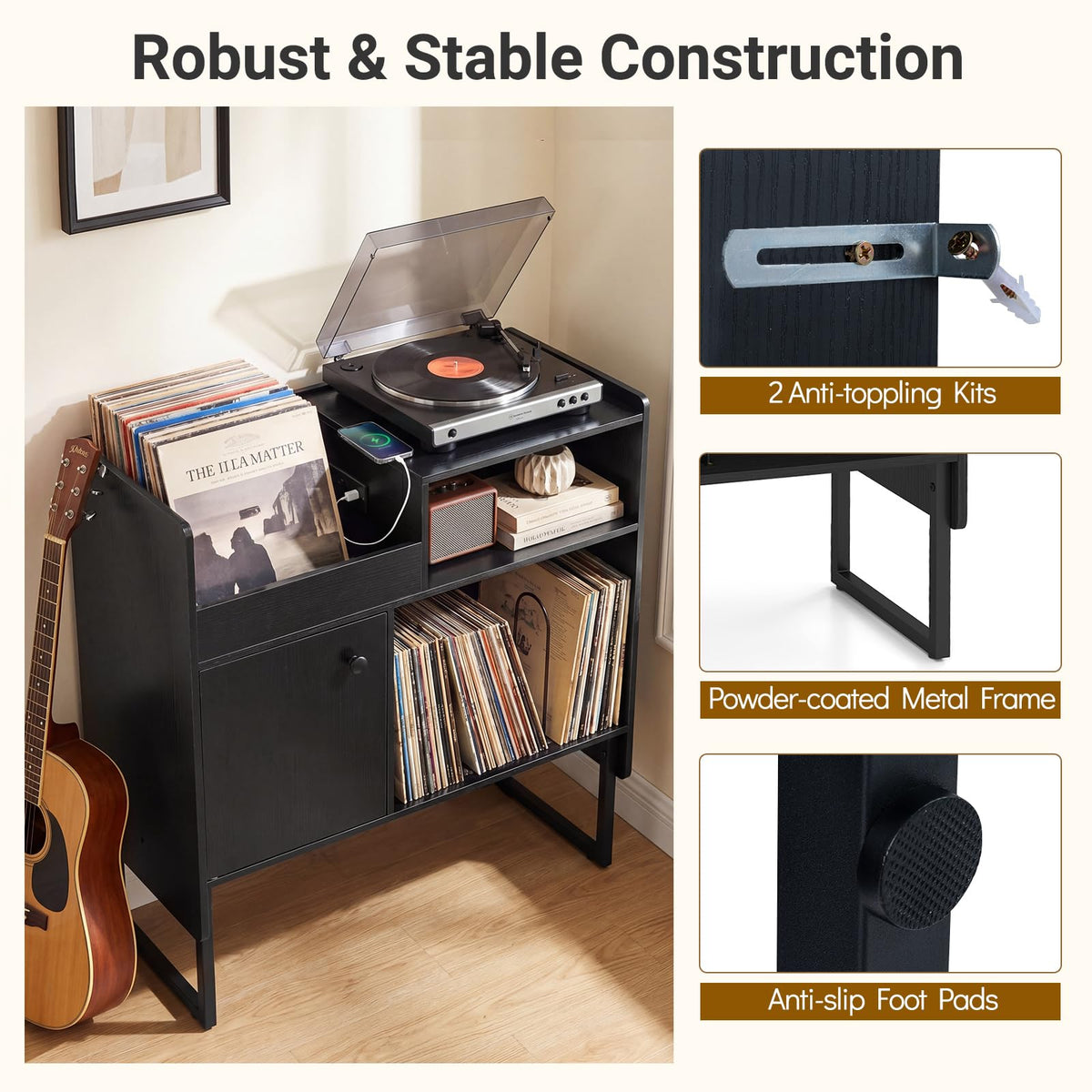 Record Player Stand with Power Outlets and Vinyl Storage Holder