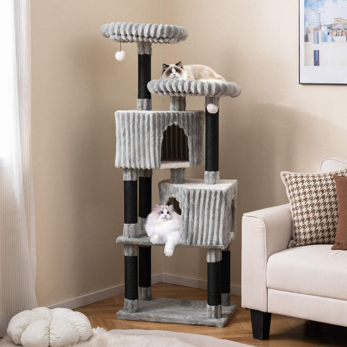Large Multi-Level Cat Tree, 156 cm Tall Cat Tower w/ 2 Condos