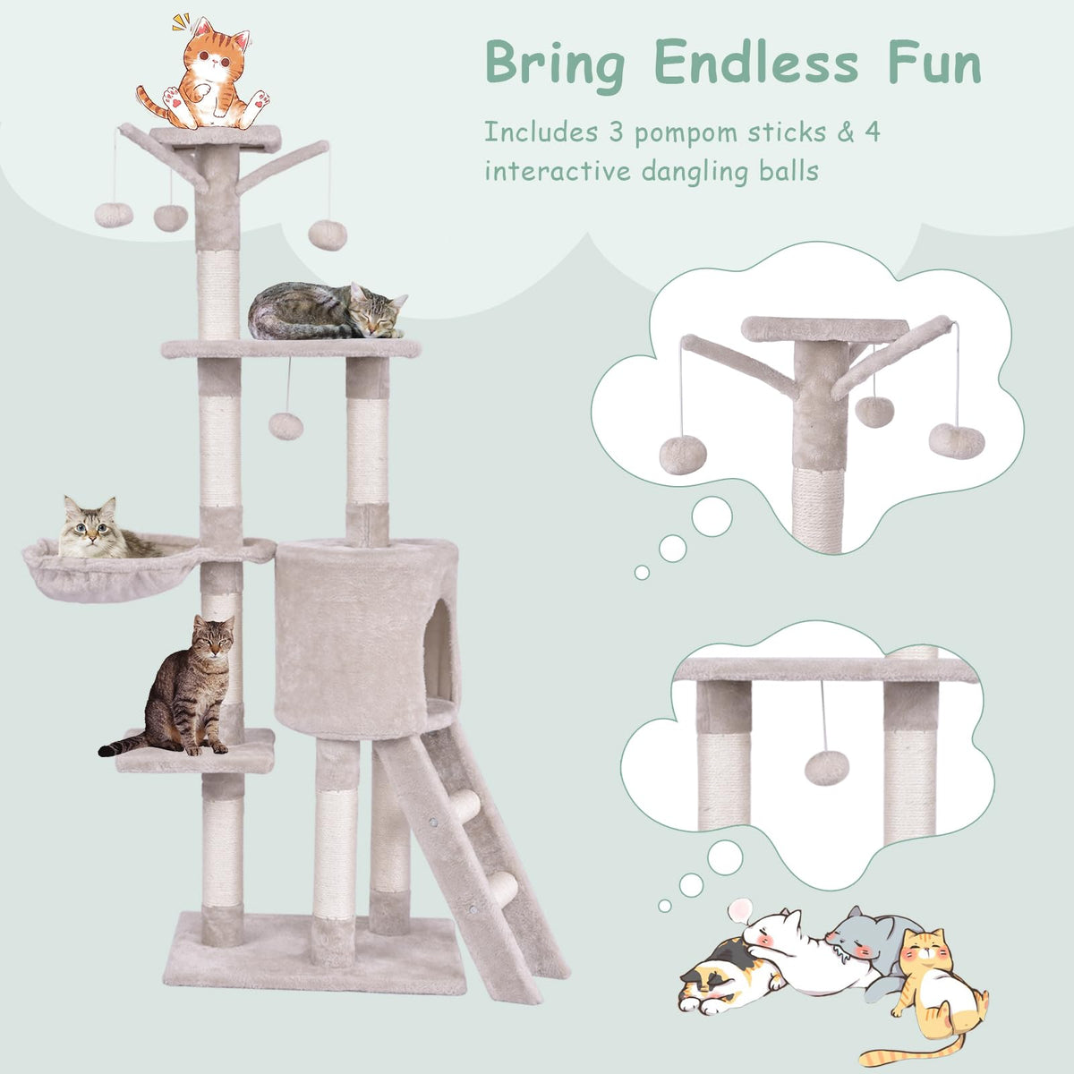 140 CM Cat Tree Kitten Tower with Scratching Post and Ladder Kitten Condo Pet Furniture