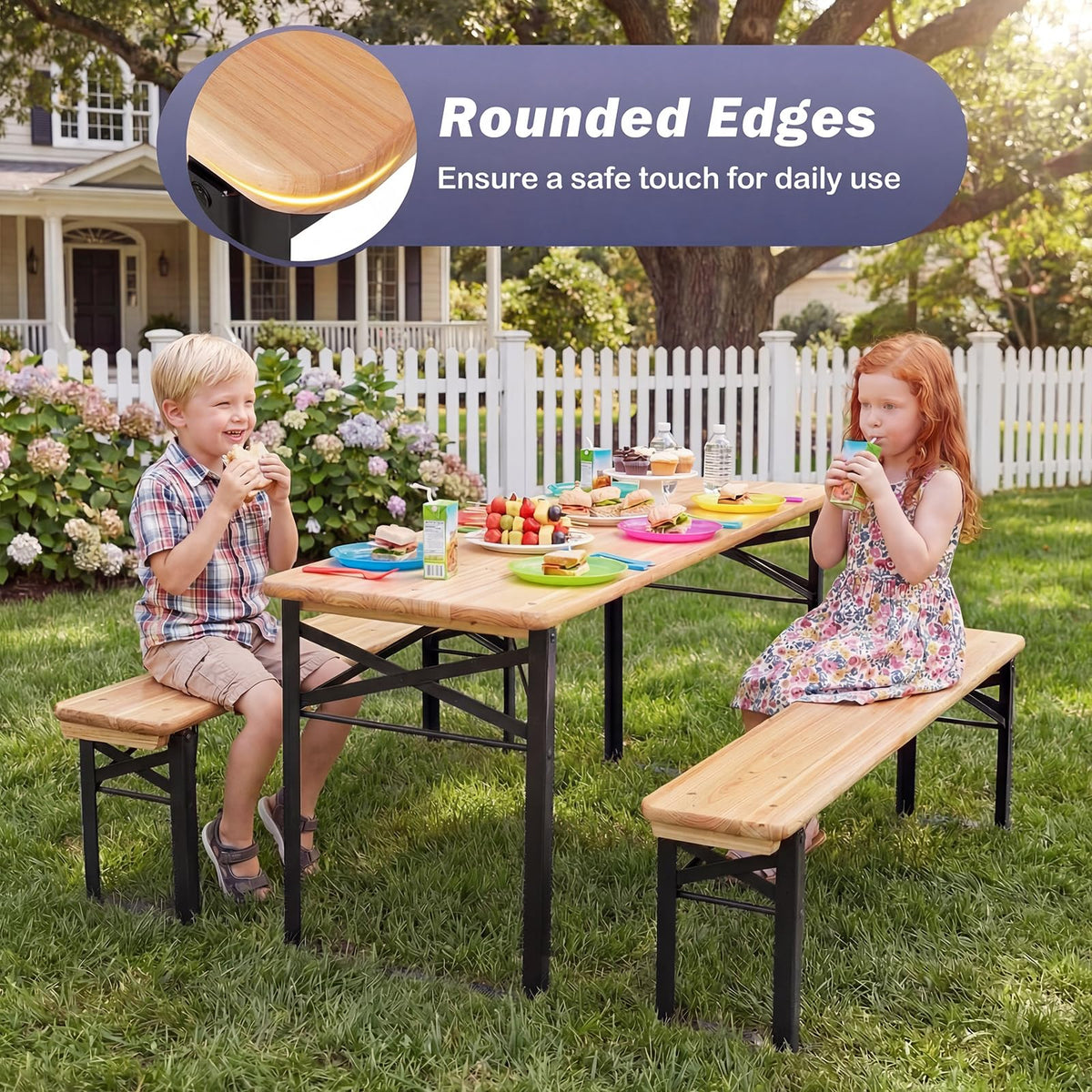 110 CM Folding Kids Picnic Table & Bench Set, No Assembly Wooden Toddler Table