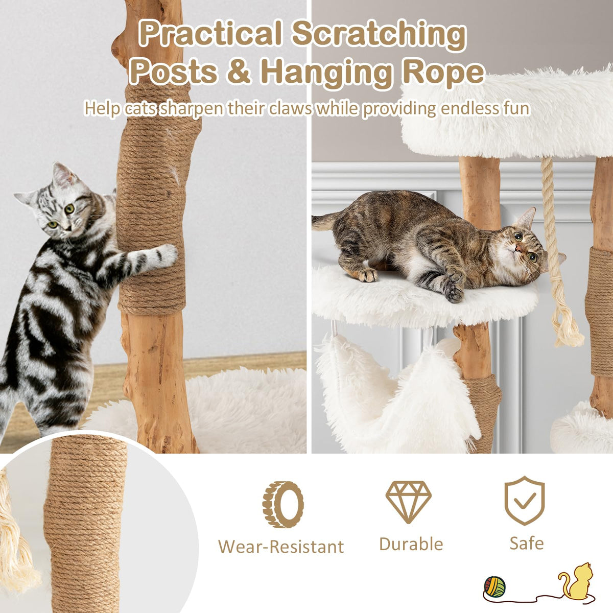 87 CM Tall Wooden Cat Tree, Solid Wood Cat Tower with Jute Scratching Posts