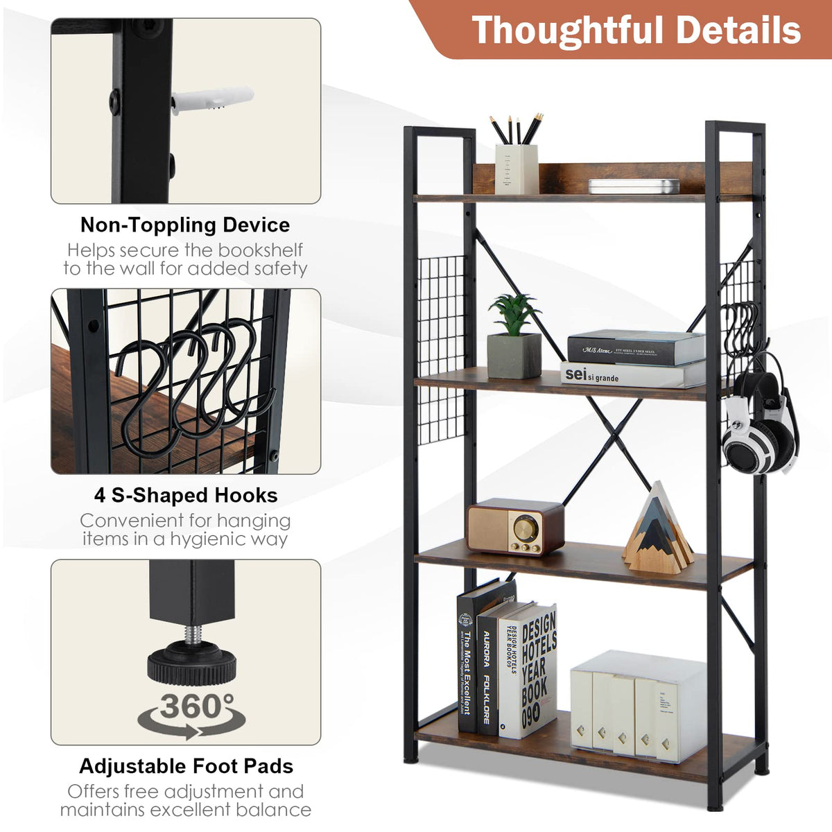 Giantex 4-Tier Bookshelf, Vintage Industrial Open Bookcase w/S-Shaped Hooks, Rustic Brown