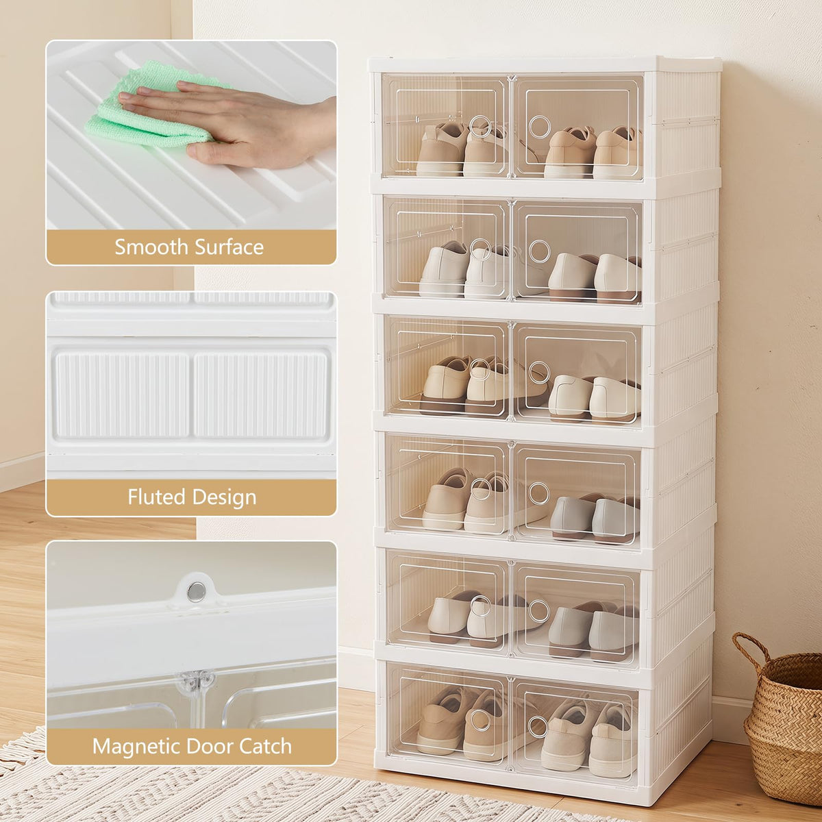 6-Tier Folding Plastic Shoe Organizer with Clear Doors and 12 Pairs for Entryway