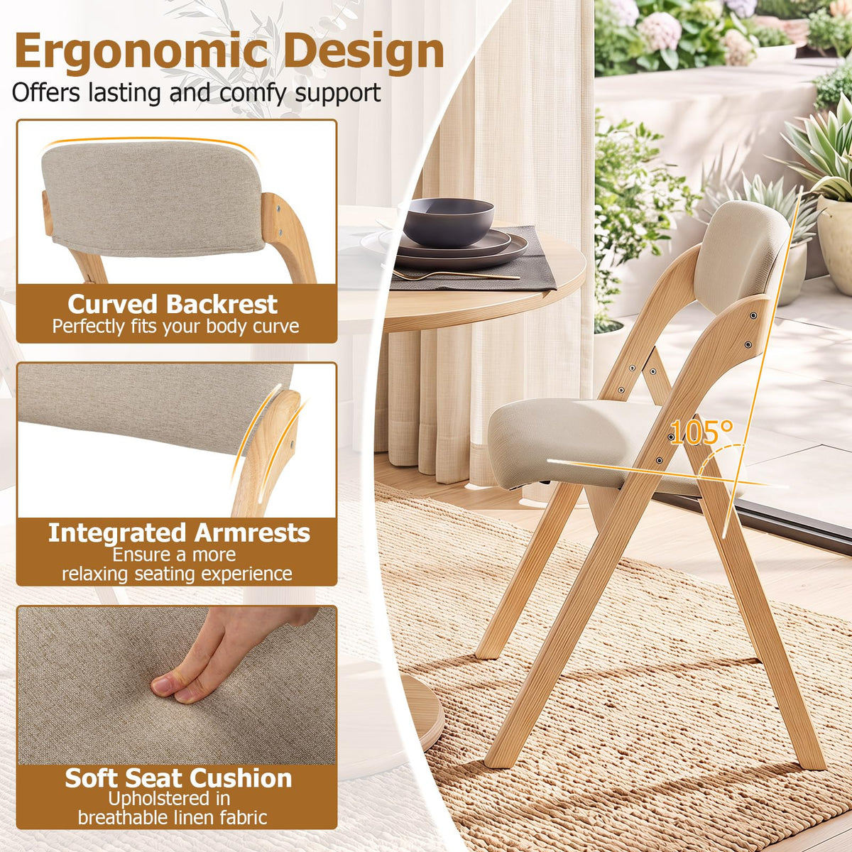 Wooden Folding Dining Chairs with Linen Fabric Padded Seat Set of 2