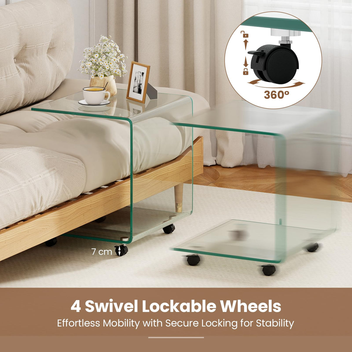 C-Shaped End Table, Modern Tempered Glass Side Table with 2-Tier Shelf