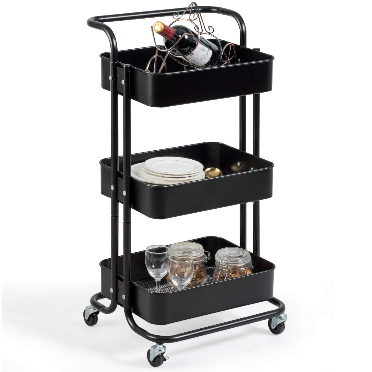 Giantex 3-Tier Metal Rolling Utility Cart with Lockable Wheels, Storage Shelves Service Trolley