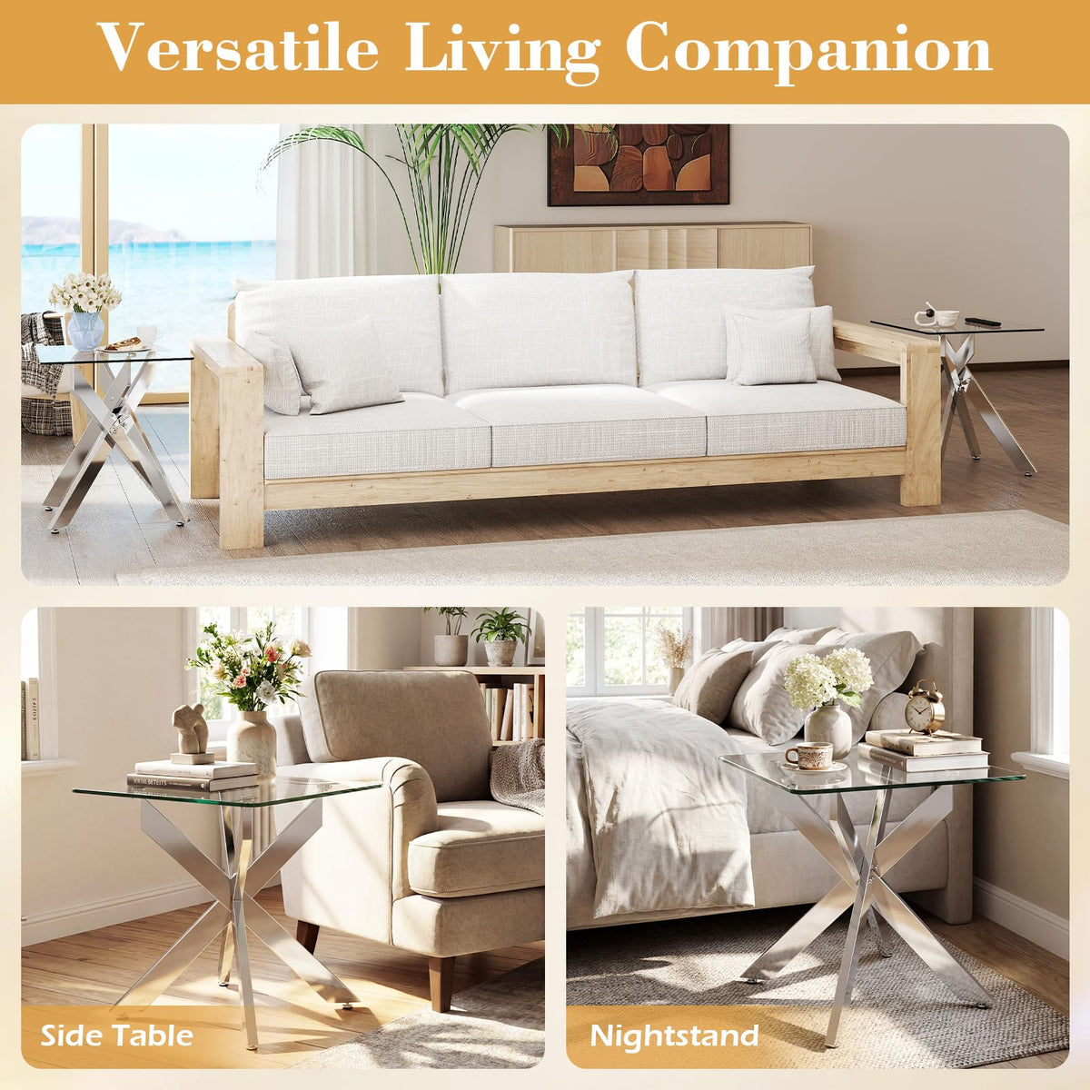 Glass Side Table with Tempered Glass Top and Metal X Base for Living Room and Bedroom
