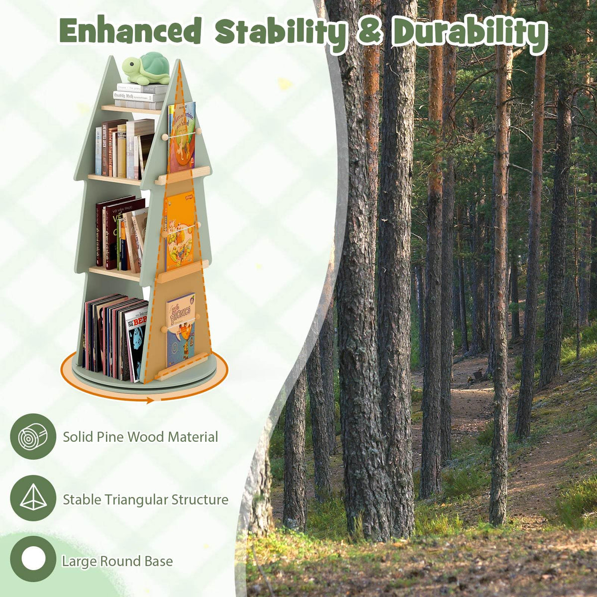 4-Tier Tree Shape Wooden Kids Rotating Bookshelf for Classroom Playroom Bedroom