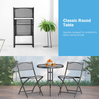 3-Piece Patio Bistro Set, Outdoor Bistro Table Set with Round Black Tempered Glass Tabletop and 2 Folding Chairs