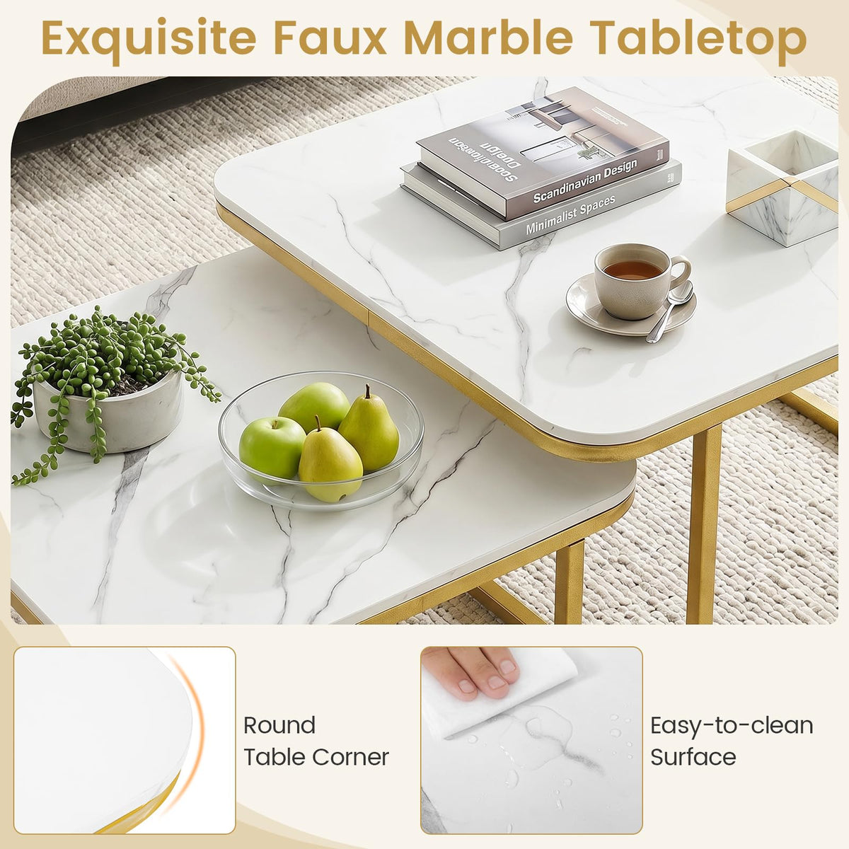 Nesting Coffee Table Set of 2 with Faux Marble Tabletop and Metal Frame for Living Room Bedroom