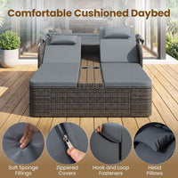 Rattan Double Daybed, Outdoor Chaise Lounge Loveseat w/Retractable Sunshade