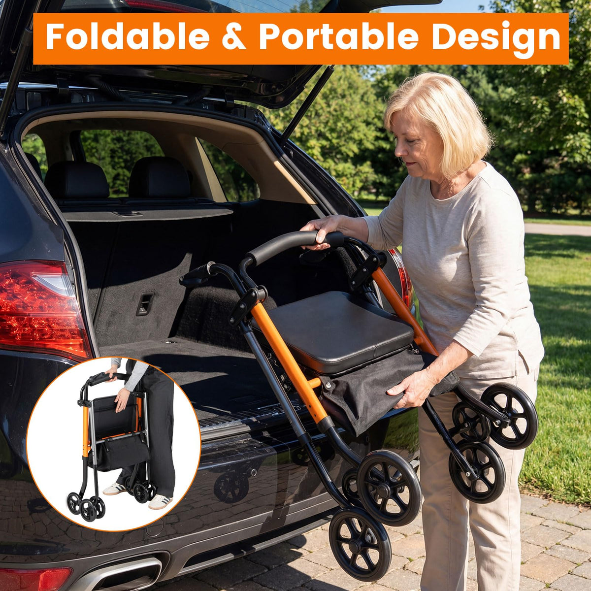 Folding Lightweight Rollator Walker with Backrest and Adjustable Height 136 KG Capacity