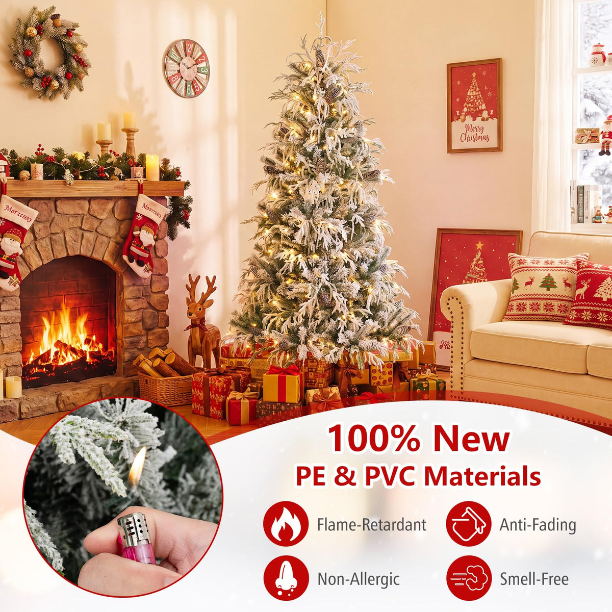 150/180cm Flocked Christmas Tree, Pre-Lit, Hinged