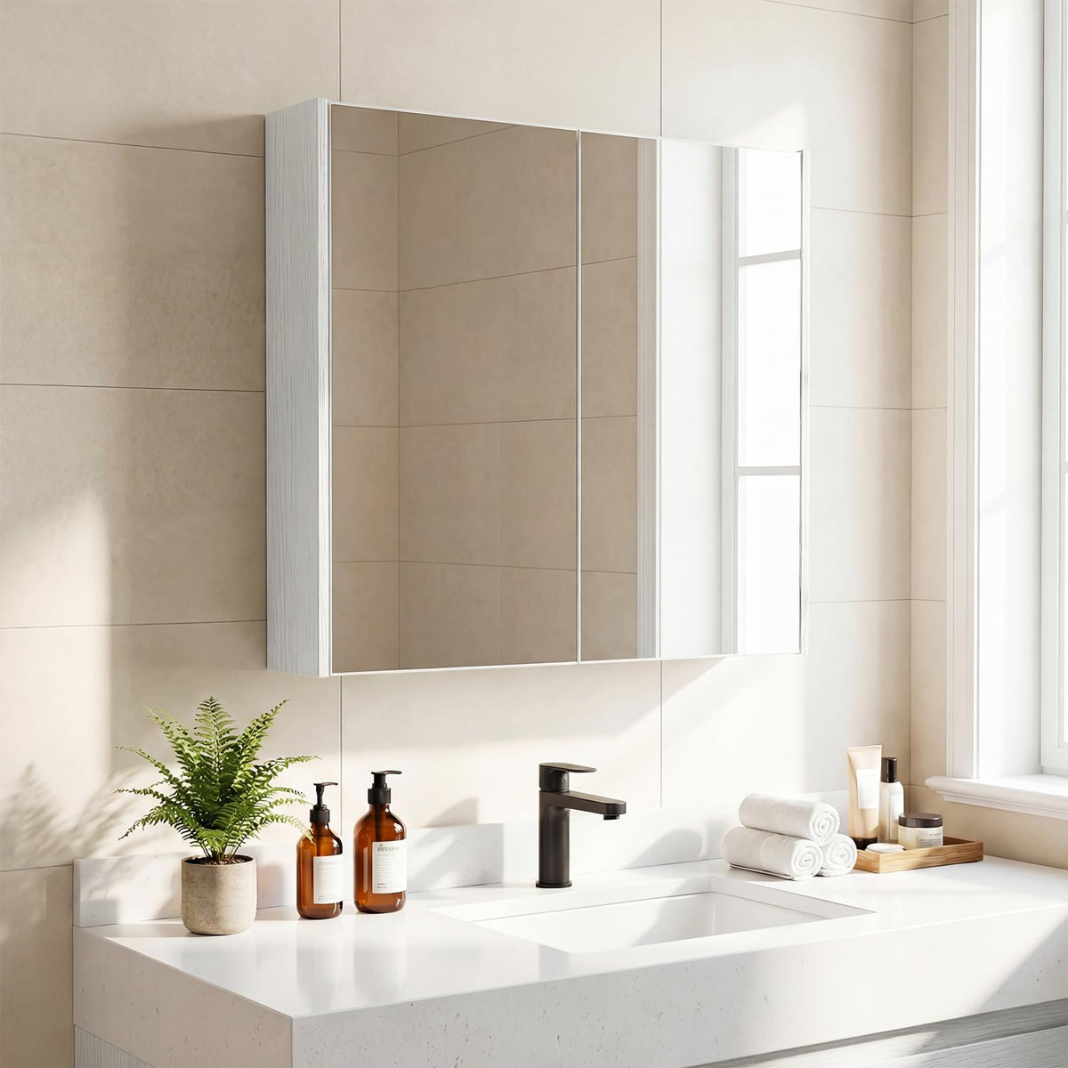 Medicine Cabinet with Mirror and Wooden Hanging 2-Tier Storage Cabinet for Laundry