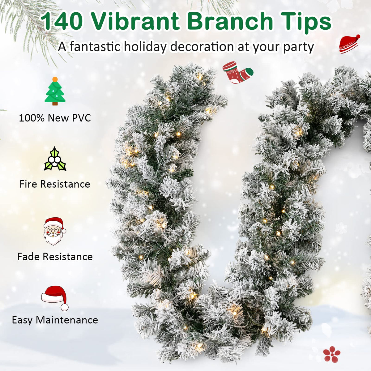 270CM Flocked Christmas Rattan with Timer & LED Lights for Mantle