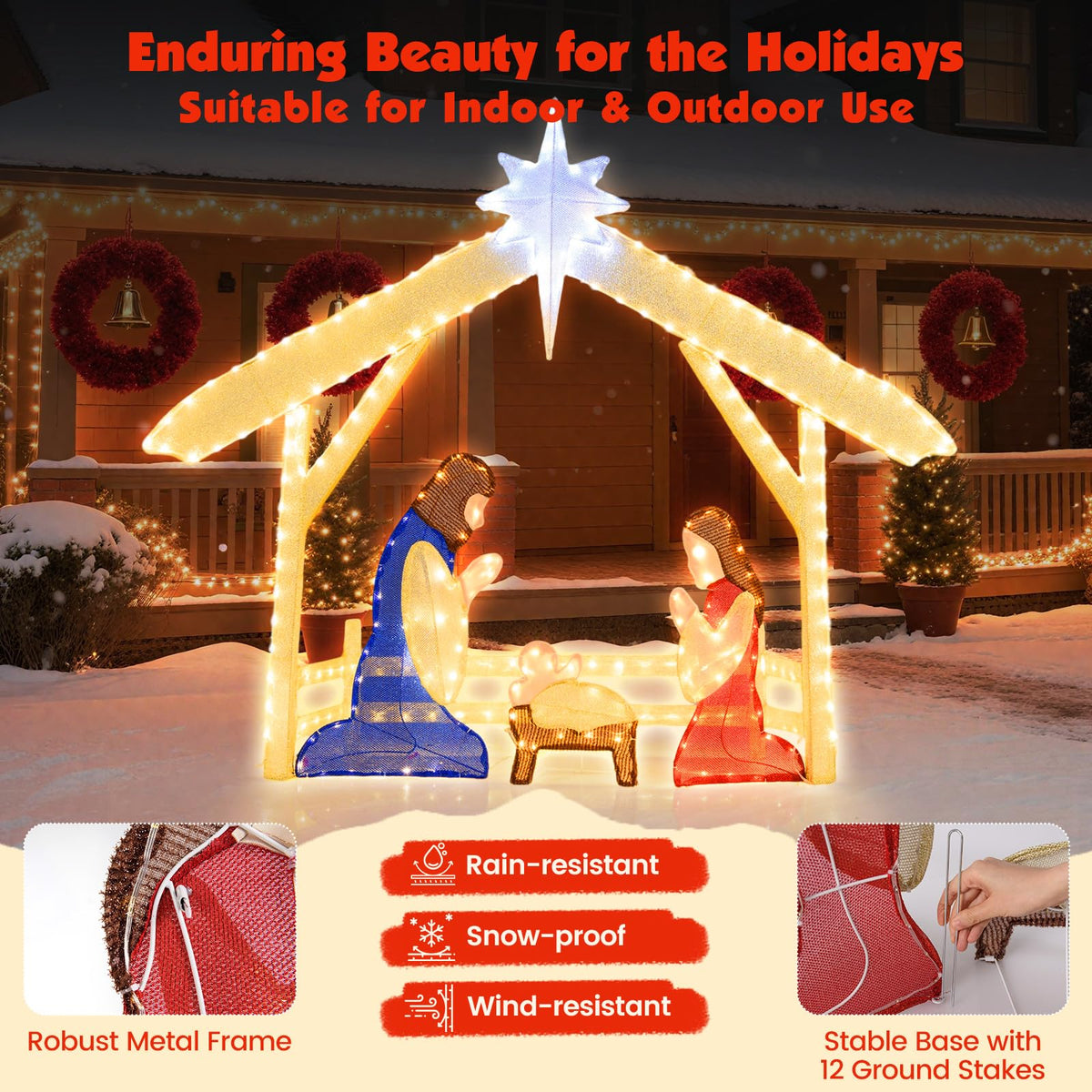 121cm Pre-lit Christmas Holy Family Set with 272 Warm Cold White LED Lights