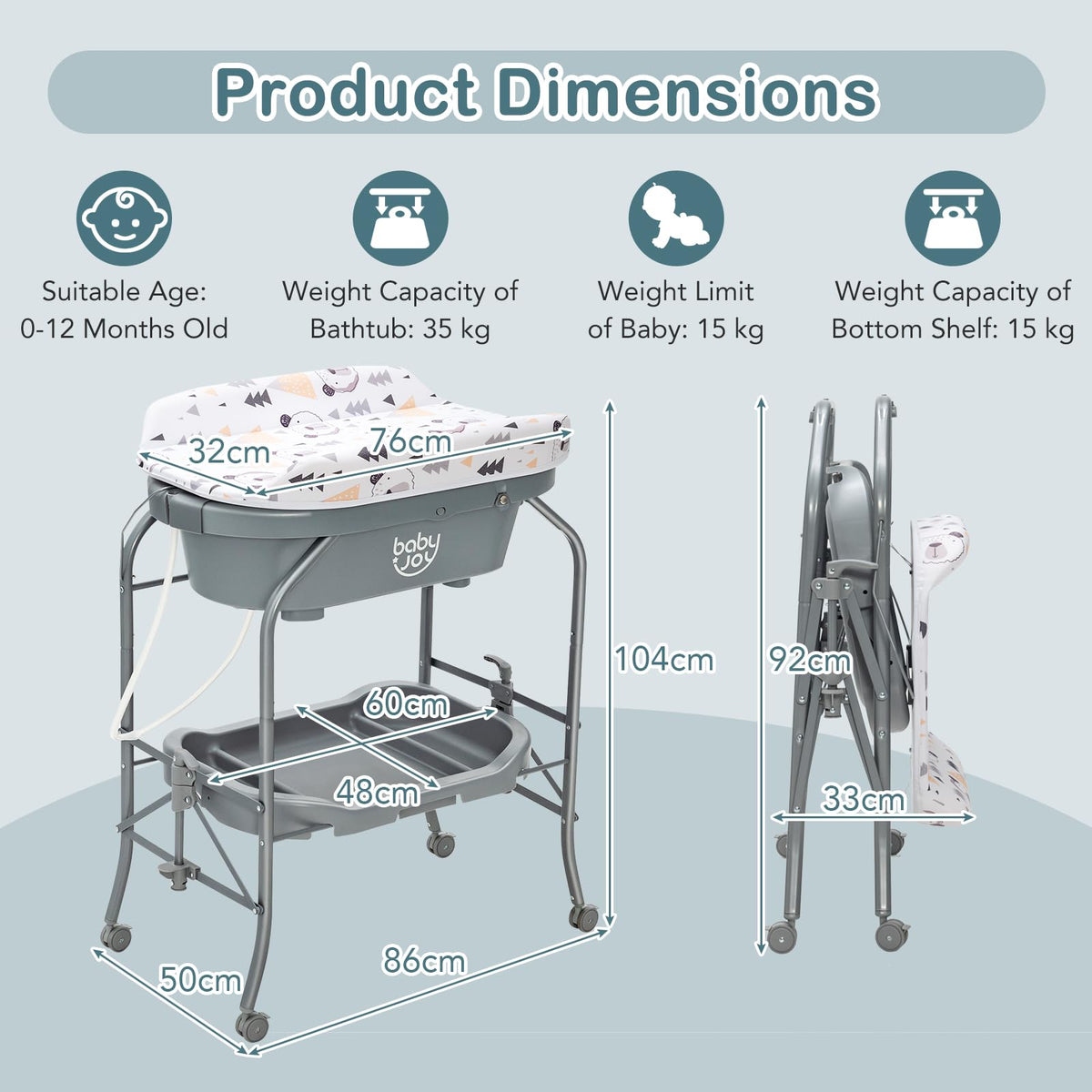 Baby Bathtub with Changing Table, Foldable Diaper Changing Station with Storage Tray