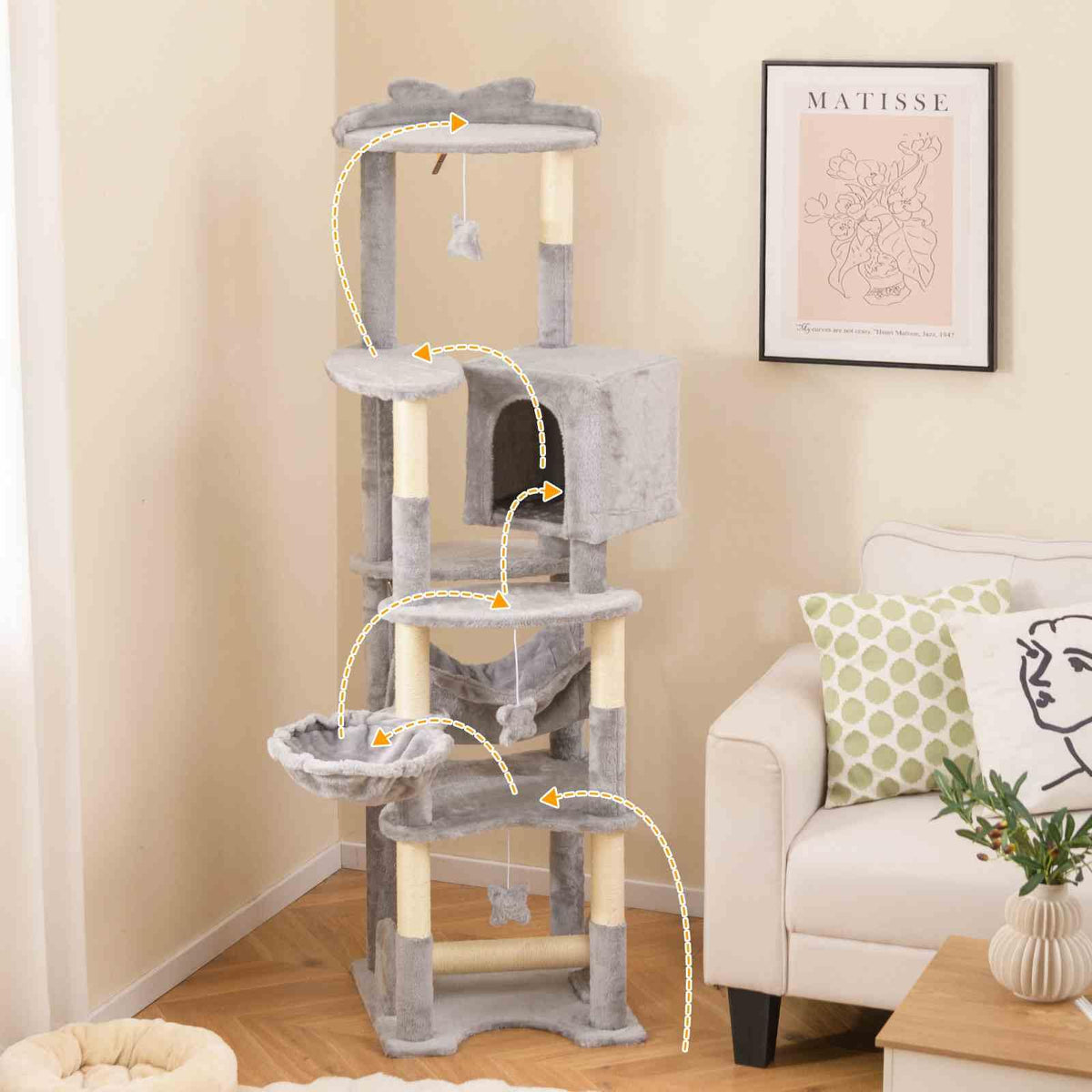 176 cm Tall Cat Tree Indoor Cat Tower Pet Furniture with Sisal Scratching Posts