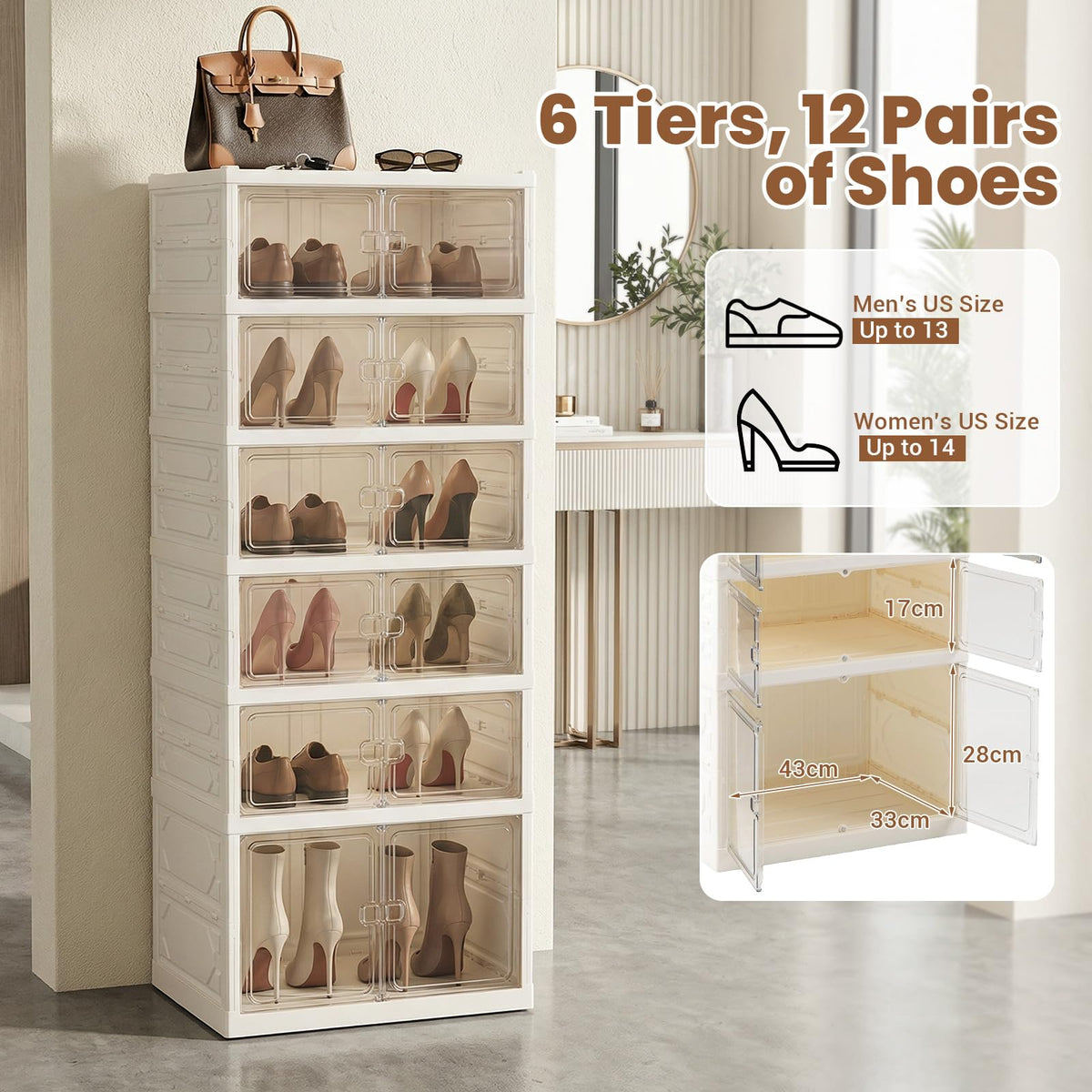 Foldable Shoe Rack Organizer 12-Pair 6-Tier Collapsible Shoe Cabinet