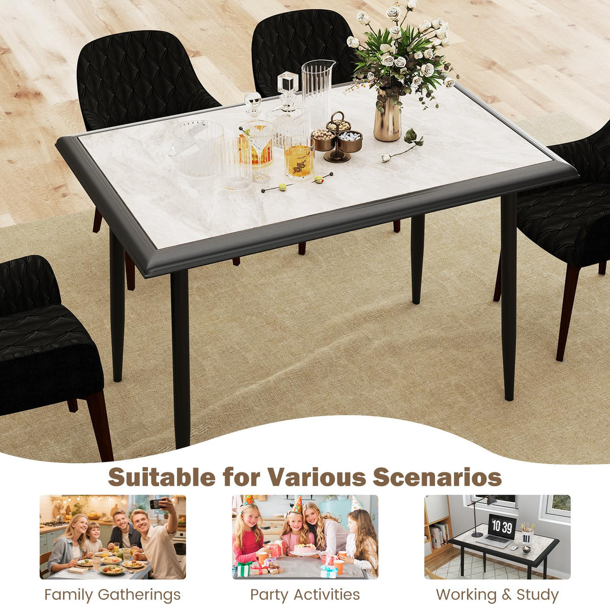 Sintered Stone Dining Table, Rectangular Kitchen Table w/Metal Frame