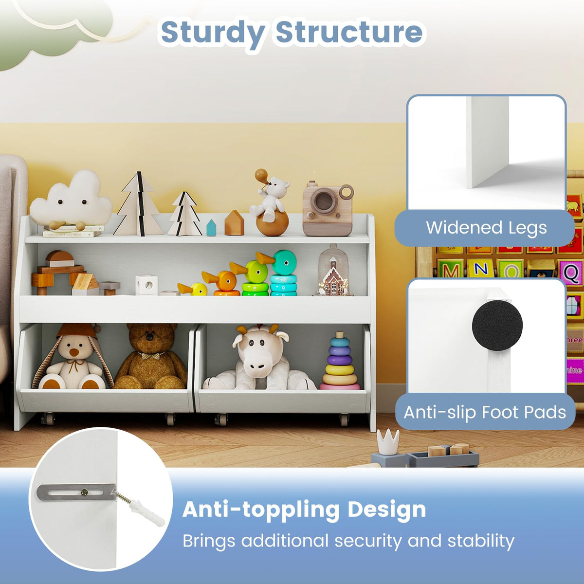 Kids Toy Storage Box, Children Wooden Bookcase with 2 Movable Drawers