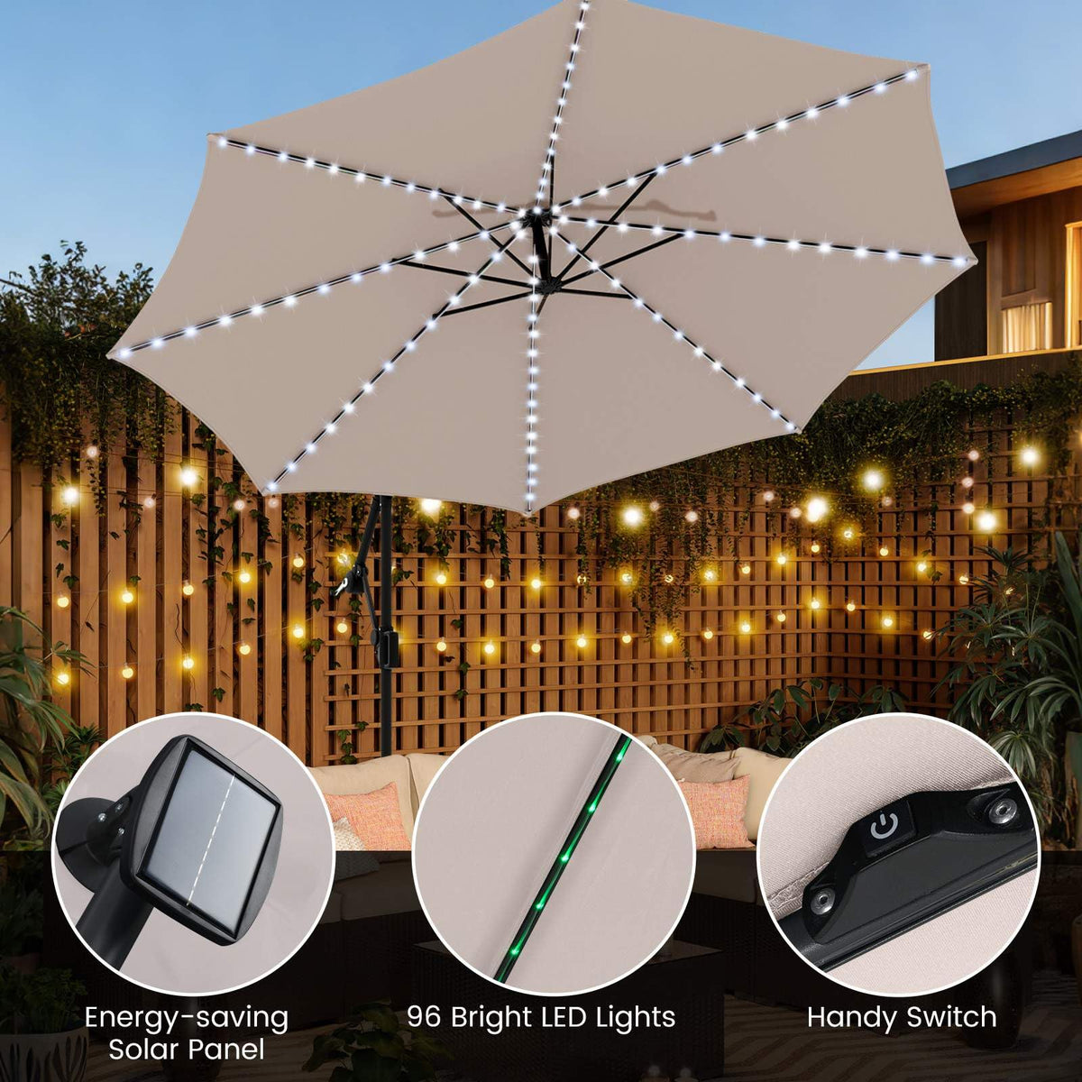 3 m Solar Offset Hanging Umbrella w/Base