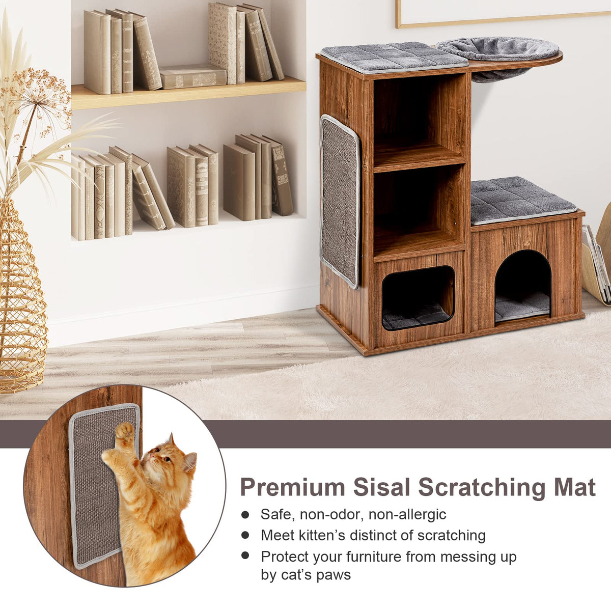 Giantex Stable Cat Tree, Climbing Tree with Sisal Scratching Mat & Plush Seat Hollows & Cave