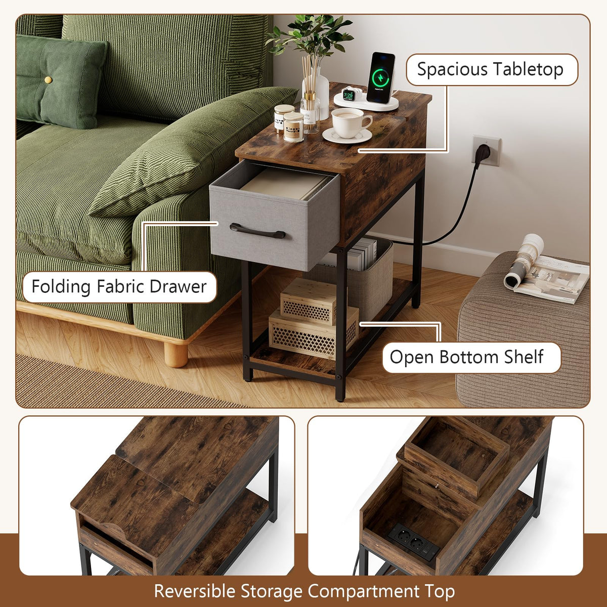 Narrow Side Table with Charging Station and LED Lights for Small Spaces and Living Room