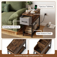 Narrow Side Table with Charging Station and LED Lights for Small Spaces and Living Room