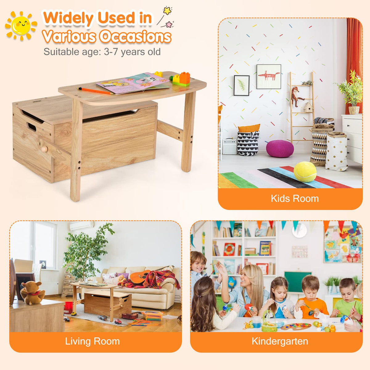 Kids Table and Chair Set, 3-in-1 Convertible Wooden Toy Storage Bench with Handle