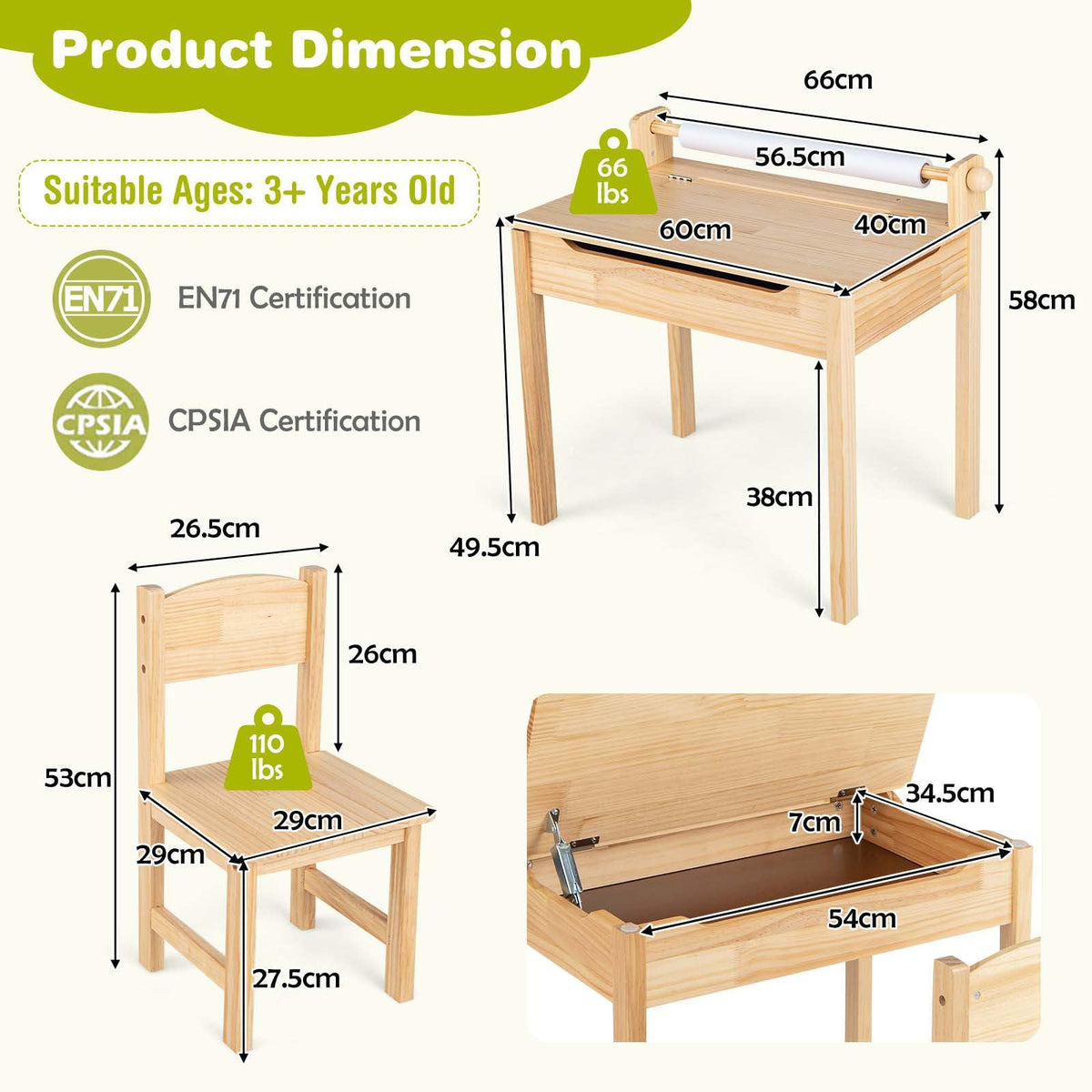 Kids Table and Chairs Set, Activity Desk and Chair for Children w/Paper Roll Holder & 2 Markers