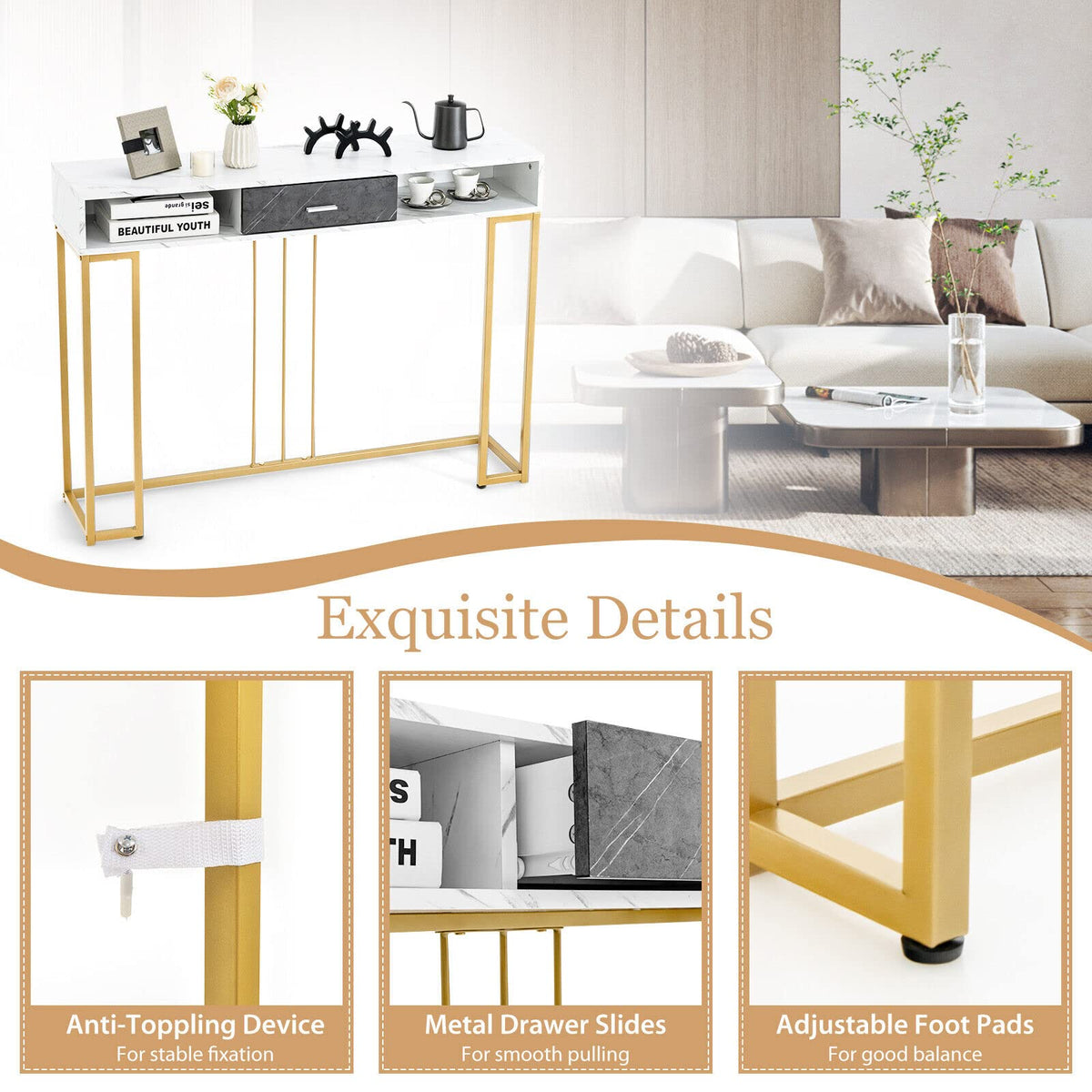 Giantex 2-Tier Faux Marble Console Table, Sofa Side Table w/Golden Steel Frame & Drawer, White
