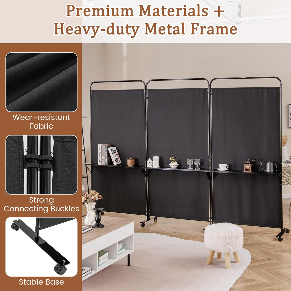 Giantex 3-Panel Folding Room Divider, 188cm Rolling Privacy Screen w/ 3 Metal Shelves, Lockable Wheels