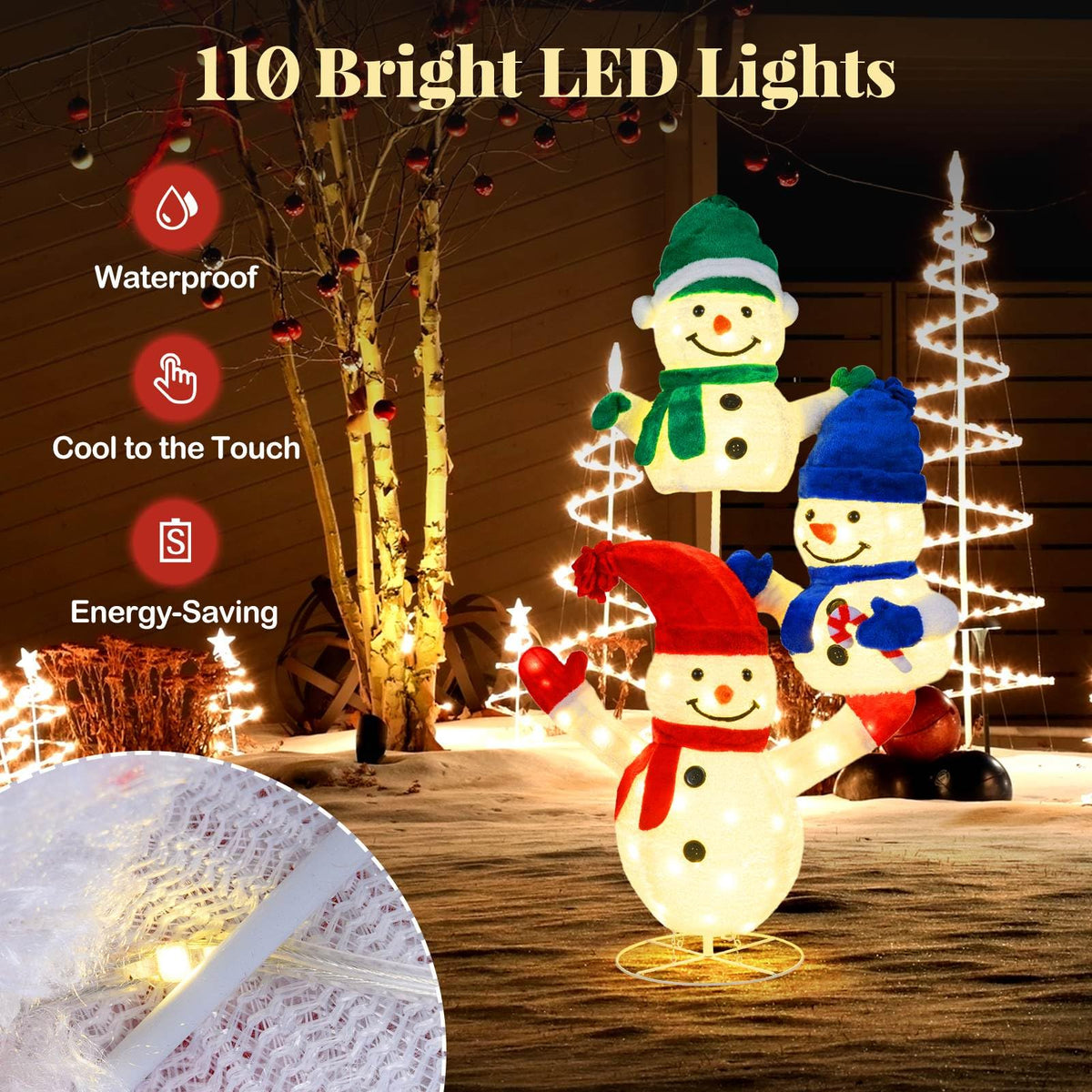 150cm Stacked Snowman Lighted Christmas Decoration, 3D Light-up Snowman with 110 LED Lights