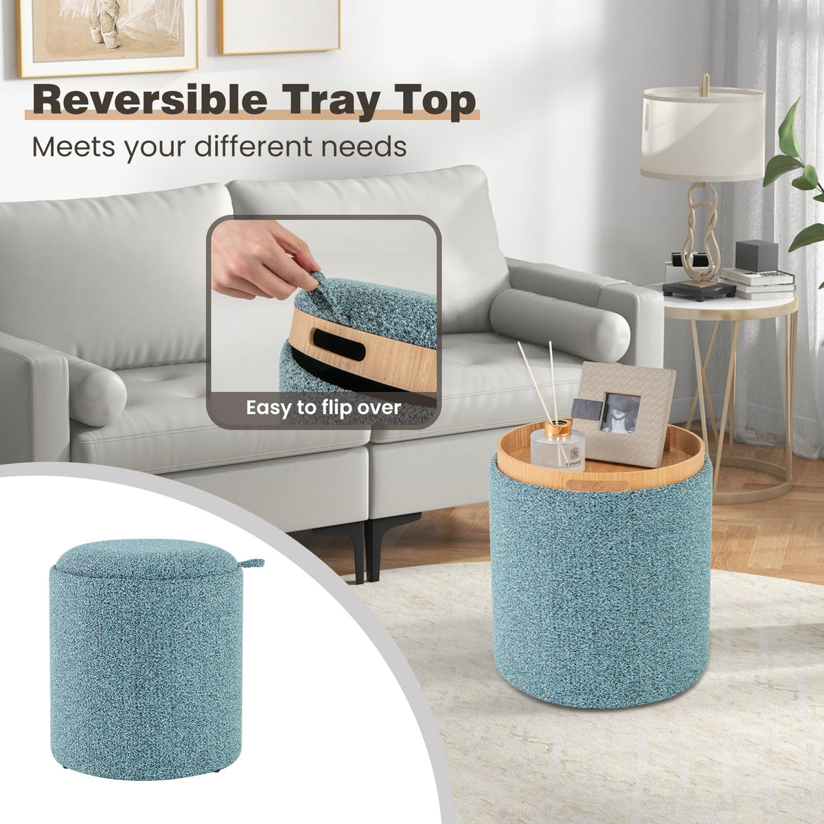Giantex Round Ottoman Set of 2, Upholstered Storage Ottoman