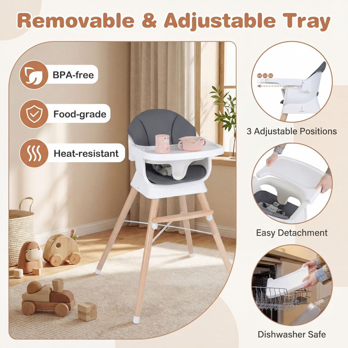 Convertible High Chair for Babies and Toddlers with 3-Position Adjustable Tray and 5-Point Harness