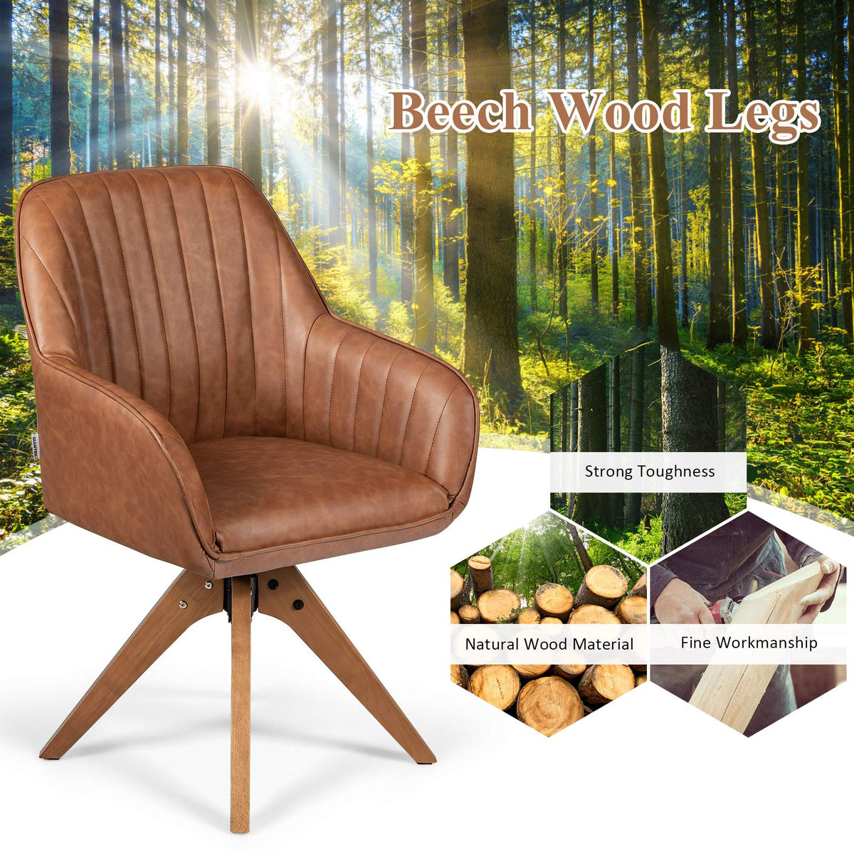 360° Swivel Accent Chair, Upholstered Armchair w/High-Density Sponge, Solid Wood Legs, PU Leather, Brown